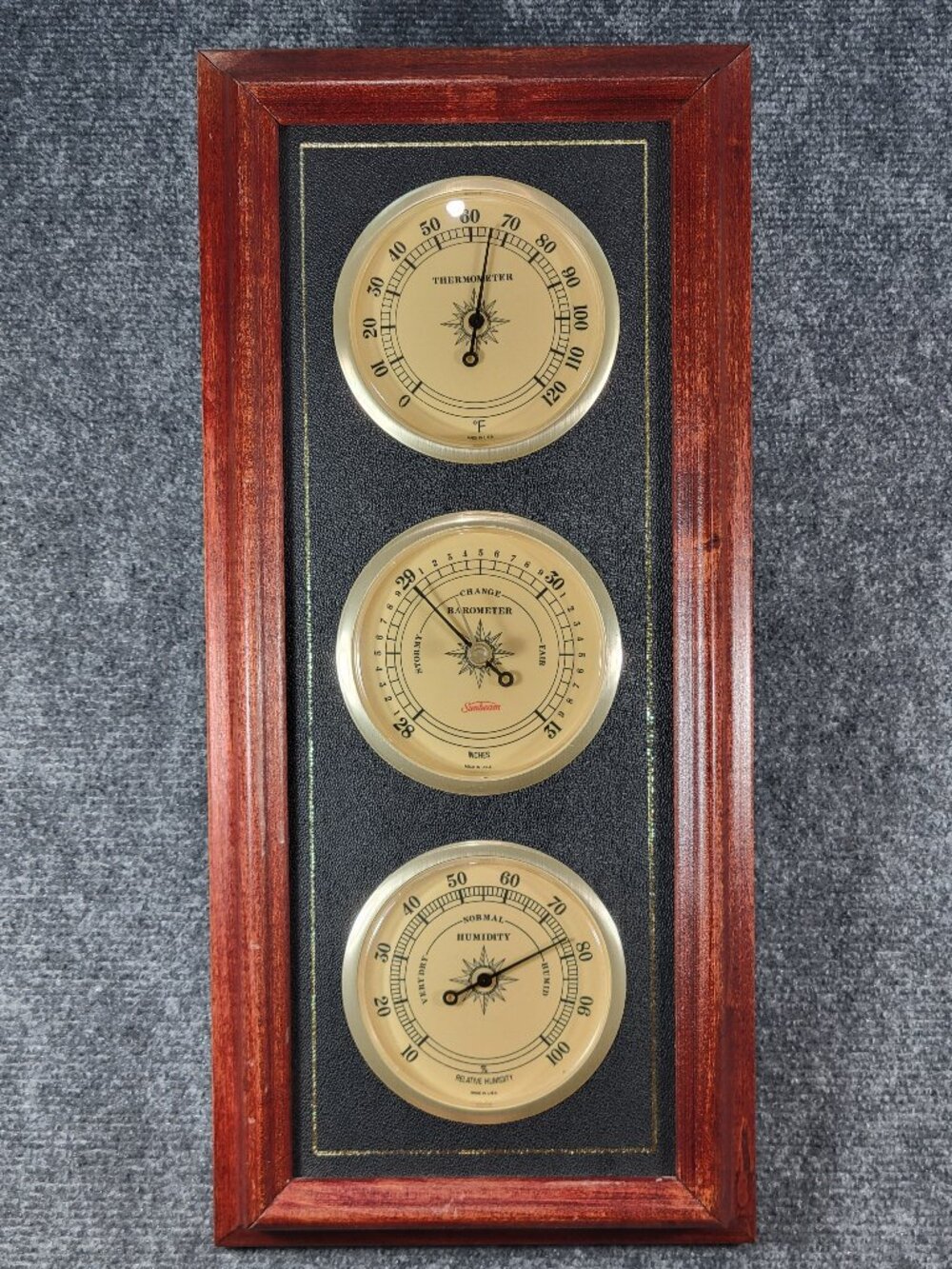 Vintage Wooden Frame Sunbeam Triple Gauged Weather Station